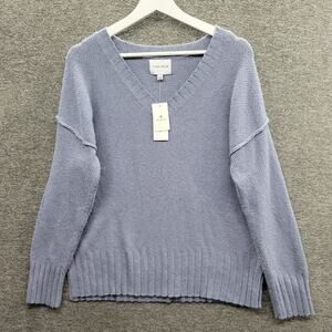 Pink Rose Sweater Women's Large Blue Luxe V Neck Long Sleeve Top NWT